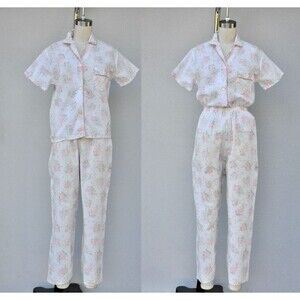Vintage 2 piece Sleepwear Set Pajama Set Floral Textured Cotton  Sleepwear XS S